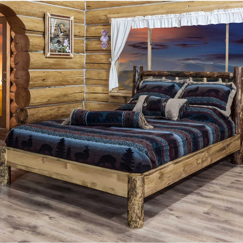 log beds with mattress & bedding in a log cabin