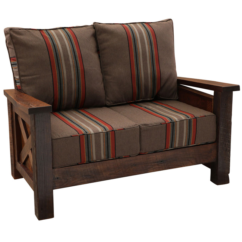 Barnwood Framed Loveseat with cushions sitting at an angle