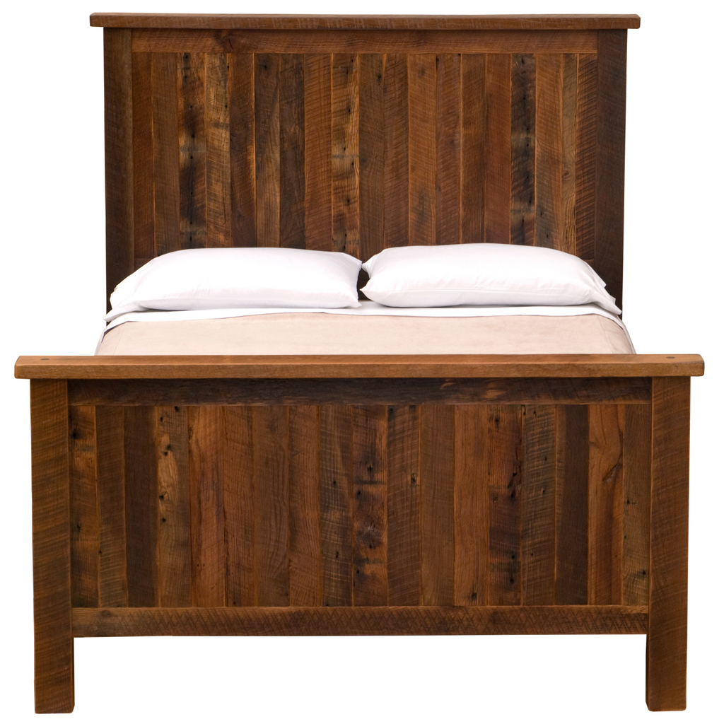 Wooden bed with a rustic design on a white background