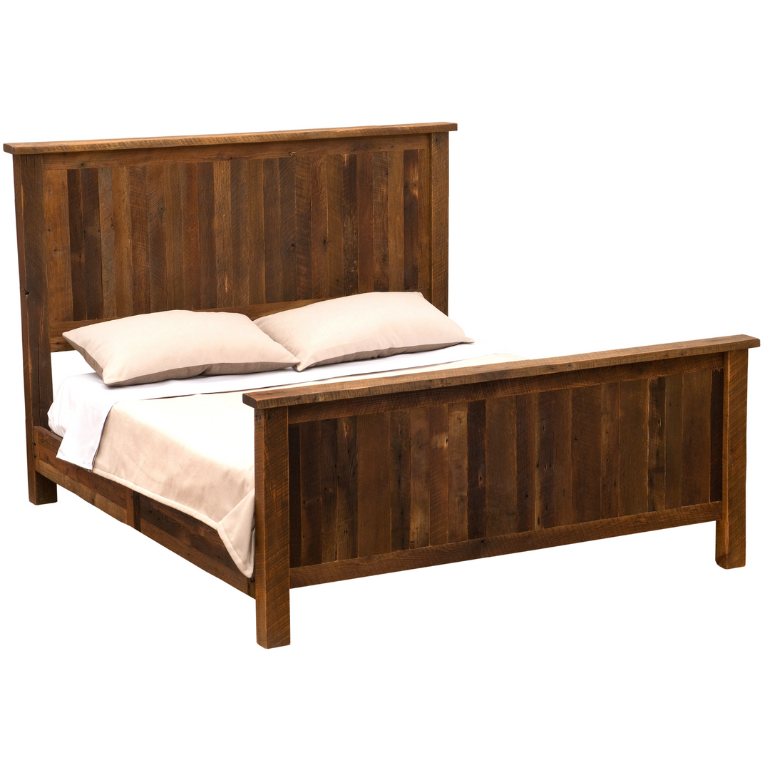 Wooden bed with white bedding on a white background