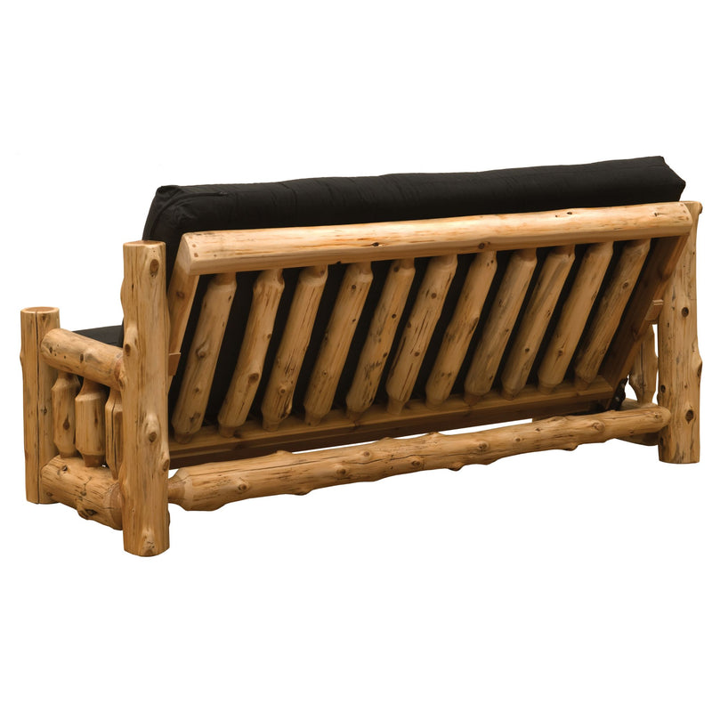 Back view of wooden futon with black cushion on a white background