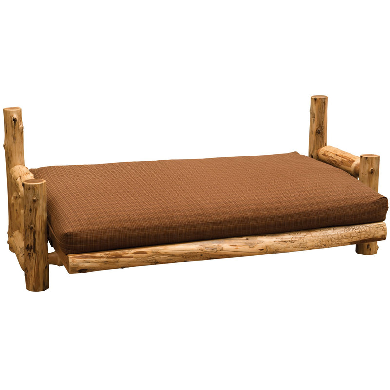 Wooden futon bed frame with a folded brown mattress on a white background