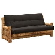 Wooden futon sofa with black mattress cover on a white background