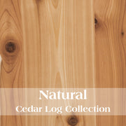 Close-up of natural cedar wood with 'Natural Cedar Log Collection' text overlay.