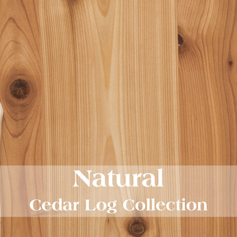 Close-up of natural cedar wood with 'Natural Cedar Log Collection' text overlay.