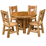 Cedar Log Dining Set with round table and four chairs with wildlife design on a white background