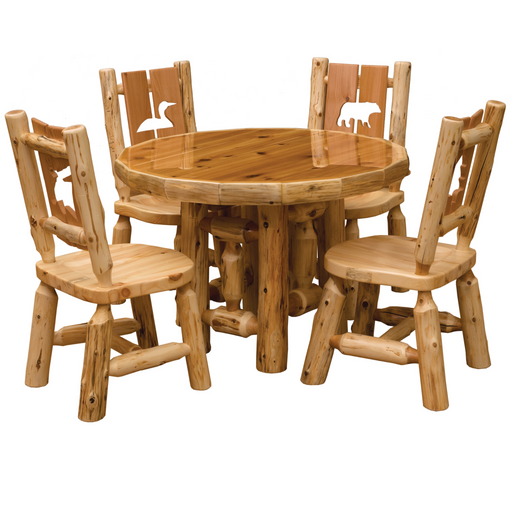 Cedar Log Dining Set with round table and four chairs with wildlife design on a white background