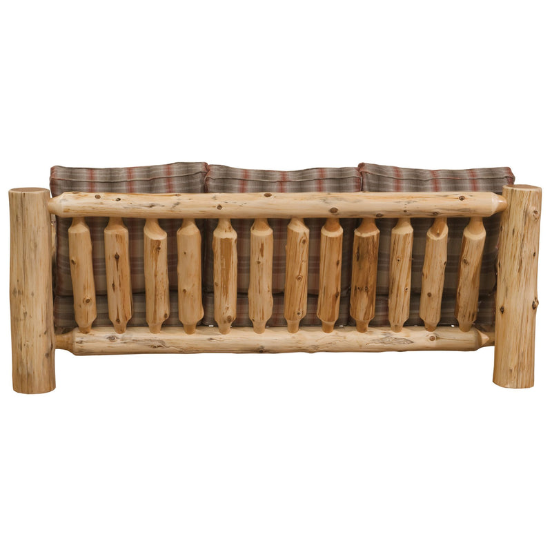 Back view of Cedar Log Sofa with brown cushions on a white background