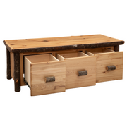 Hickory Log Coffee Table with 3 Open Drawers Angle View