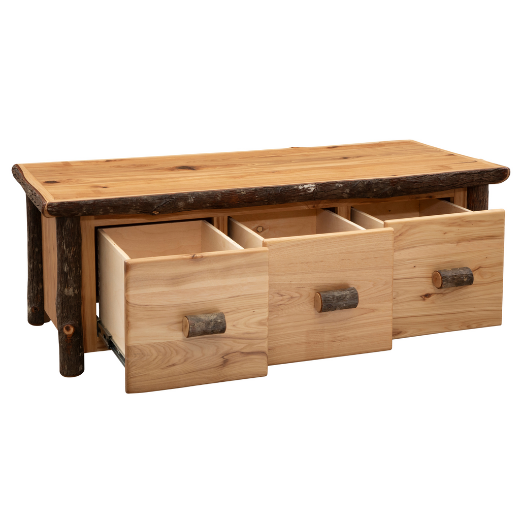 Hickory Log Coffee Table with 3 Open Drawers Angle View