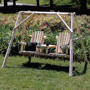 Wooden swing set with two seats in a garden setting