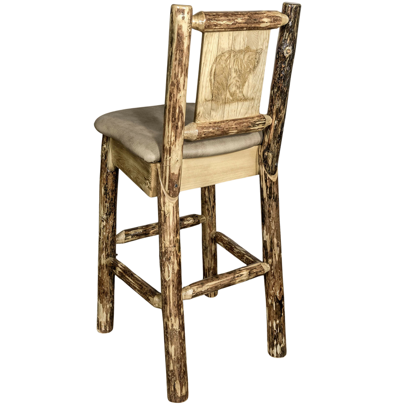 Montana Woodworks Glacier Country Collection Back Supported Barstool with Laser Engraved Design - Buckskin Upholstery