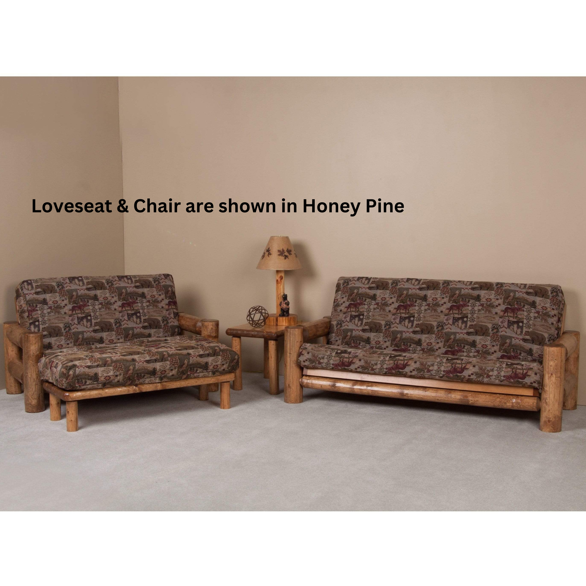 Viking Log Northern Exposure Loveseat Futon Honey Pine with chair - Rustic Furniture Marketplace