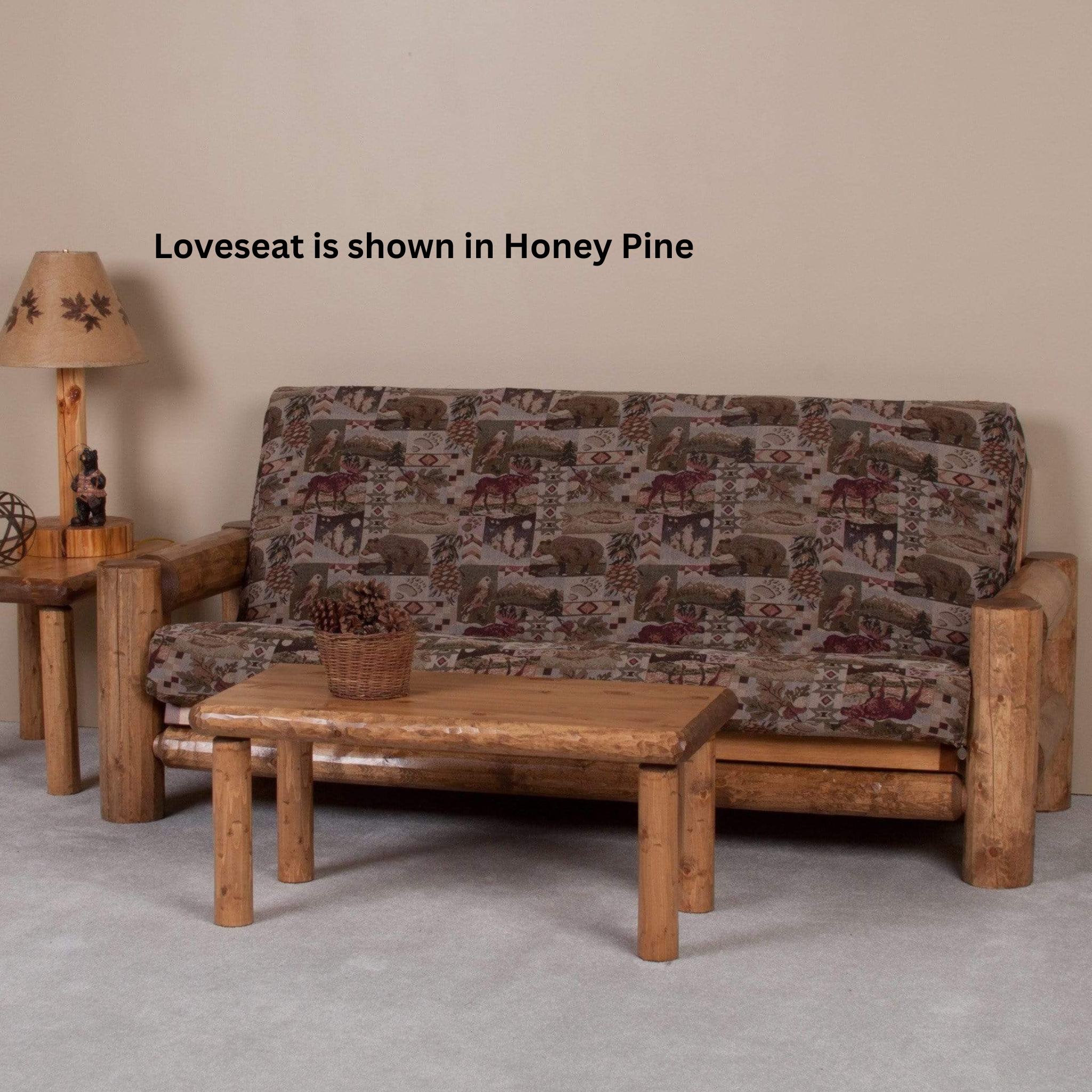 Viking Log Northern Exposure Loveseat Futon Honey Pine with coffee table - Rustic Furniture Marketplace