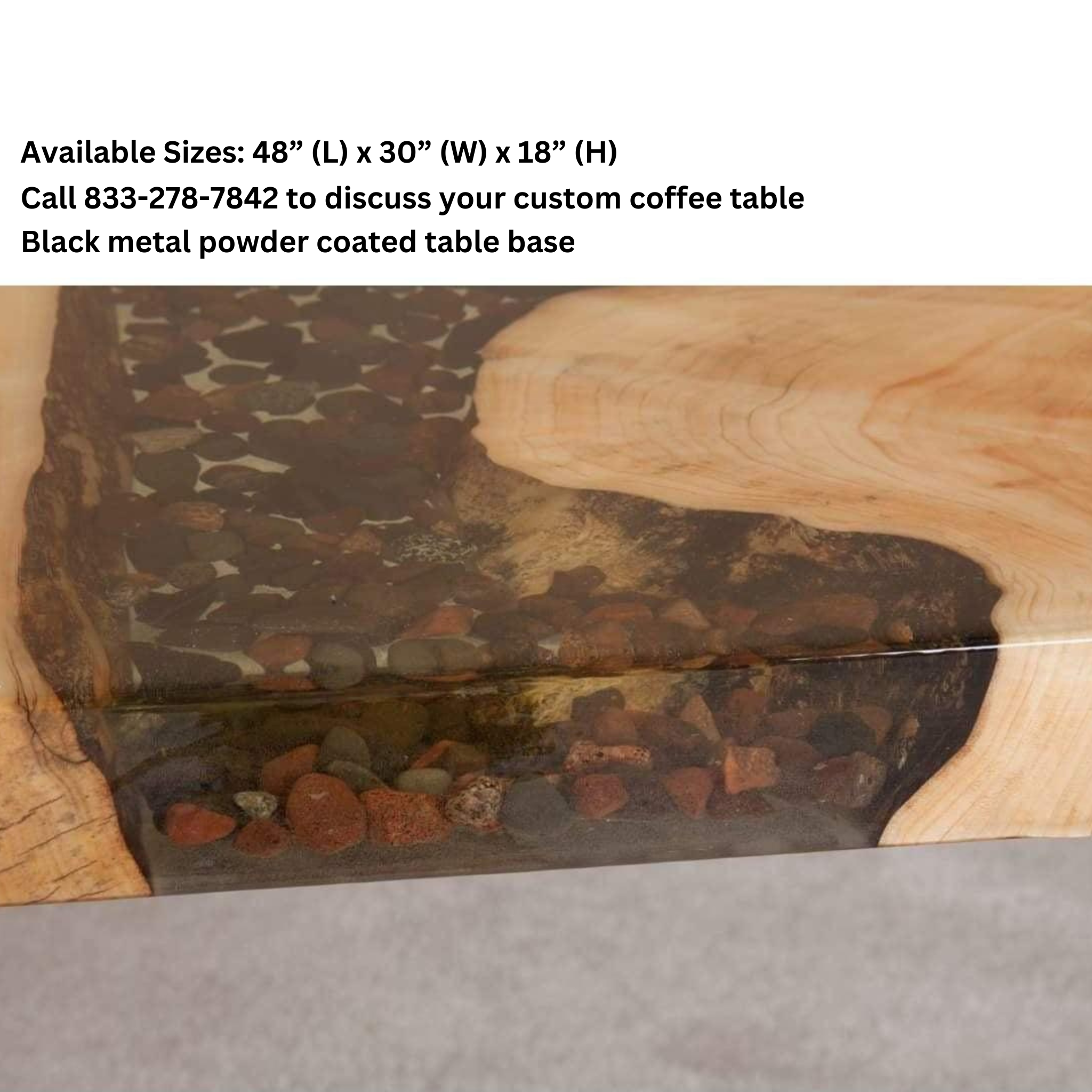 Viking Log Resin River Coffee Table with Rocks Closeup - Rustic Furniture Marketplace