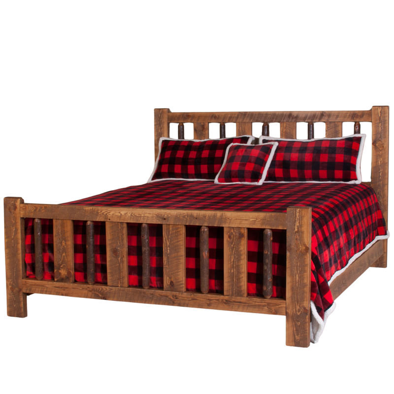 Hickory Log Bed with checkered pattern pillows & sheets