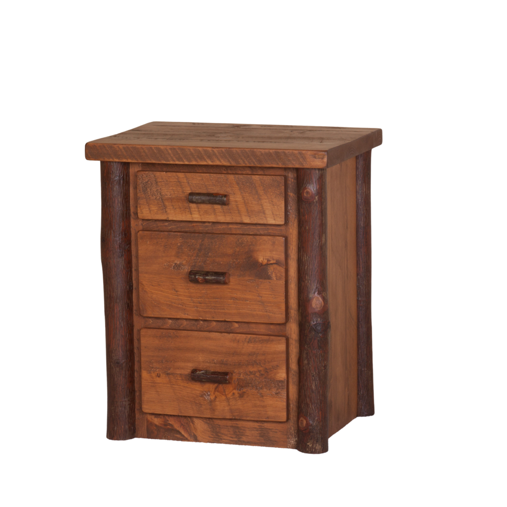 Hickory Log nightstand with three drawers on a white background