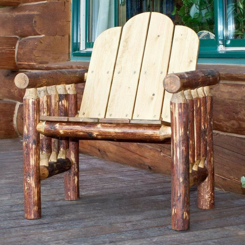 Wooden Adirondack chair on a wooden deck