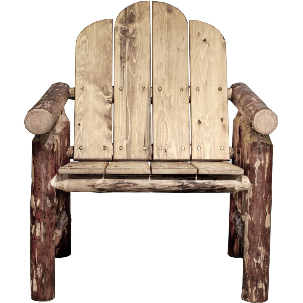 Wooden Adirondack chair with rustic design on a white background