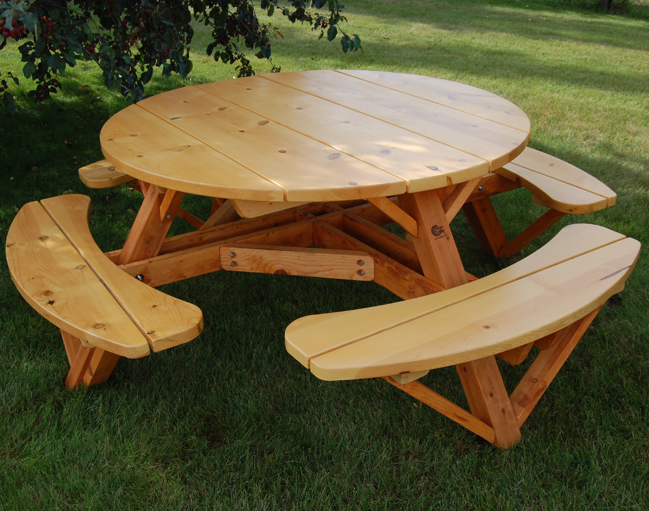 Moon Valley Rustic Cedar Log 56-Inch Round Picnic Table with Attached Benches