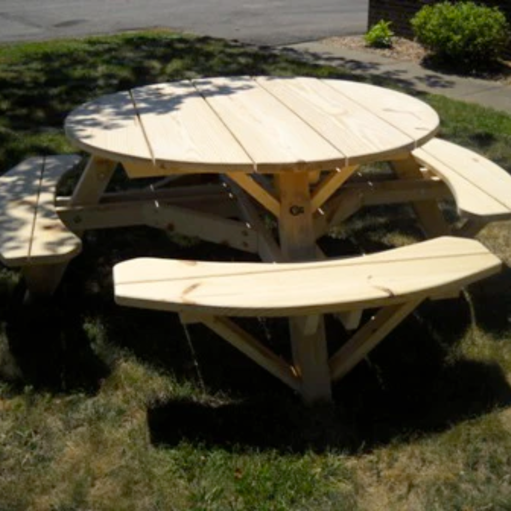 Moon Valley Rustic Cedar Log 56-Inch Round Picnic Table with Attached Benches