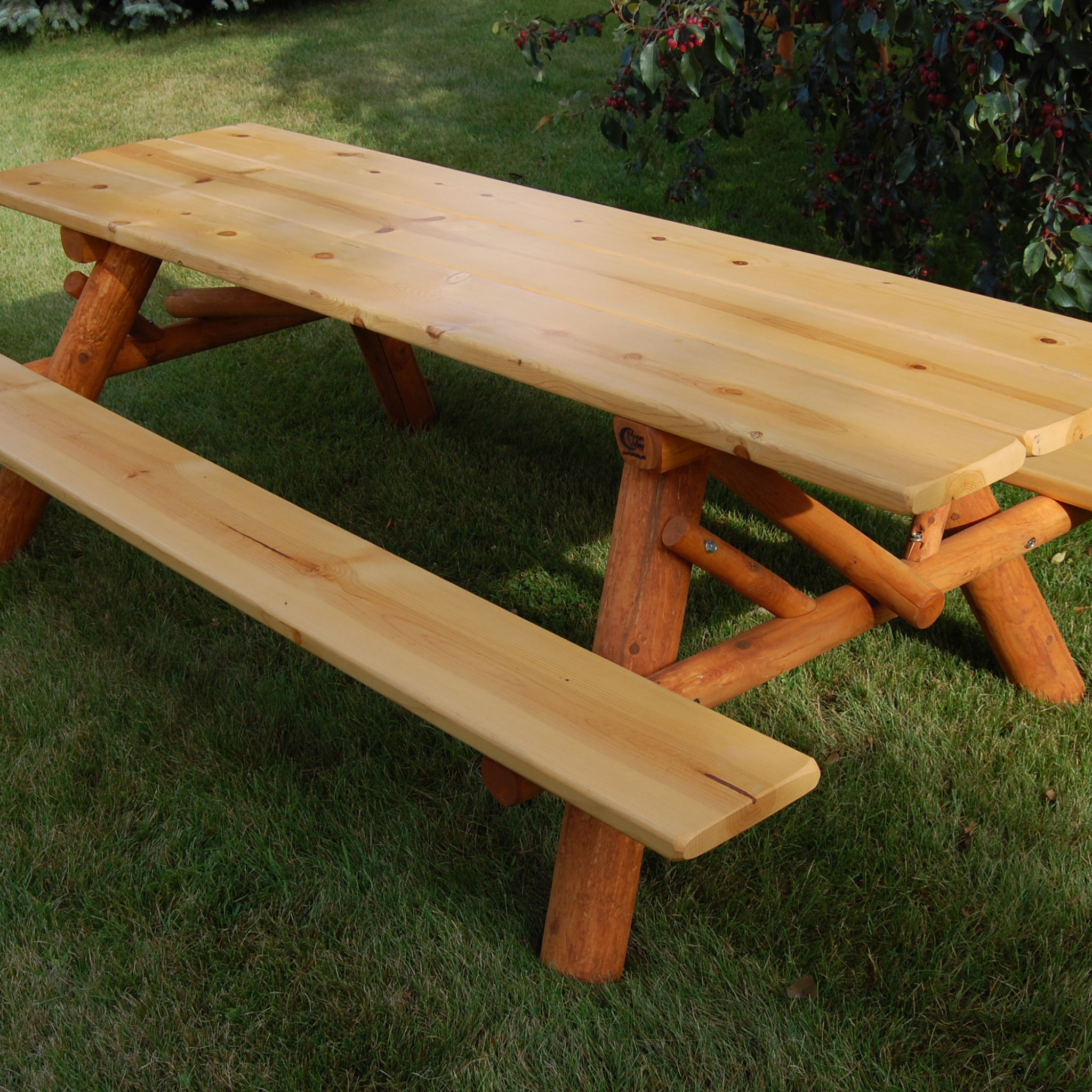 Moon Valley Rustic Cedar Log 8-Foot Picnic Table with Attached Benches