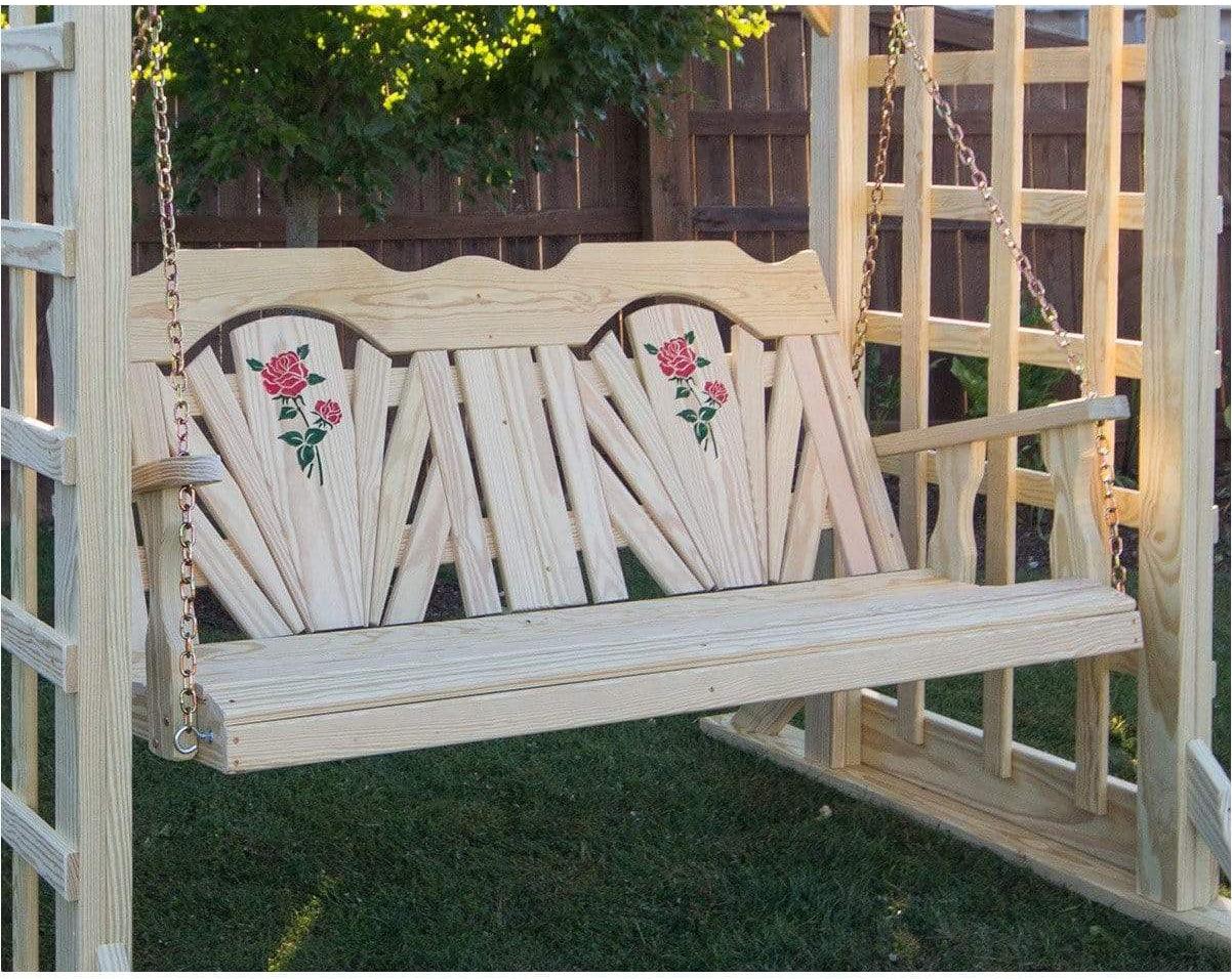 Creekvine Designs 64” Treated Pine Fanback Swing with Rose Design-Rustic Furniture Marketplace