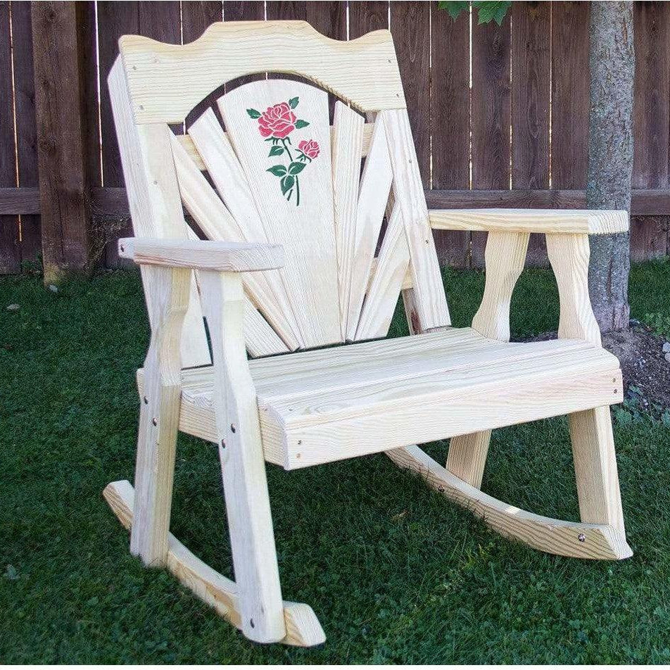 Creekvine Designs Treated Pine Fanback Rocking Chair with Rose Design-Rustic Furniture Marketplace