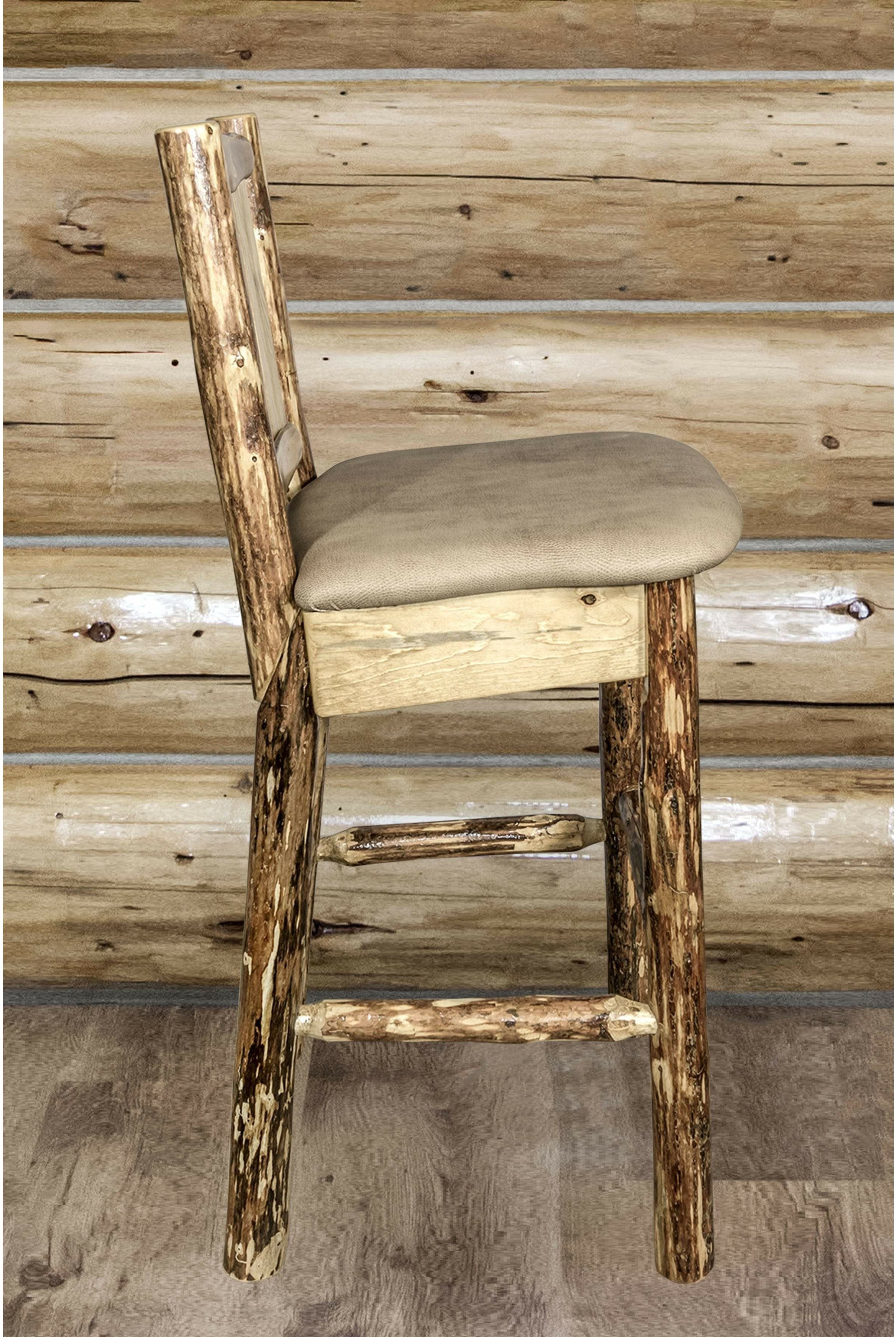 Montana Woodworks Glacier Country Collection Back Supported Barstool with Laser Engraved Design - Buckskin Upholstery-Rustic Furniture Marketplace