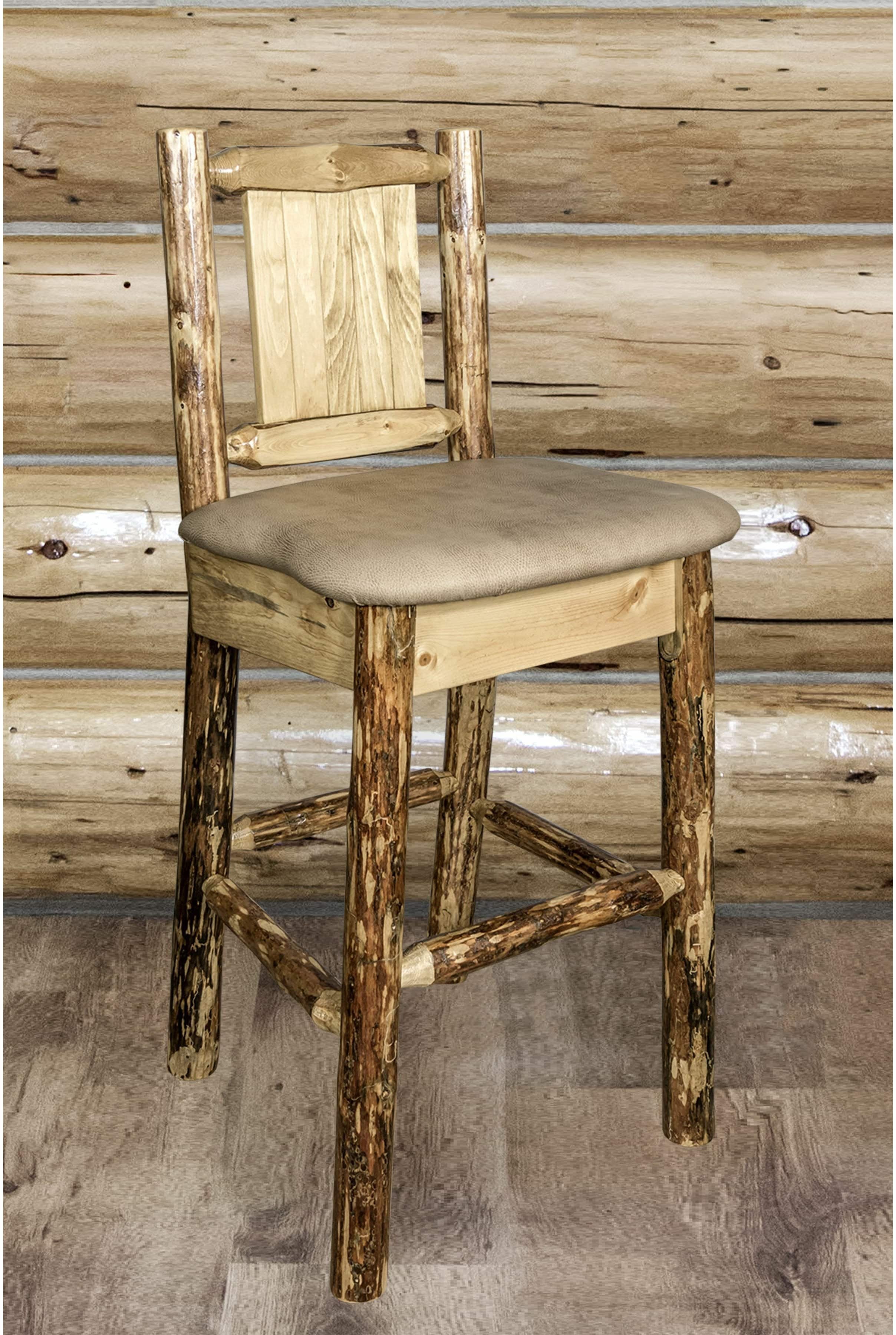 Montana Woodworks Glacier Country Collection Back Supported Barstool with Laser Engraved Design - Buckskin Upholstery-Rustic Furniture Marketplace