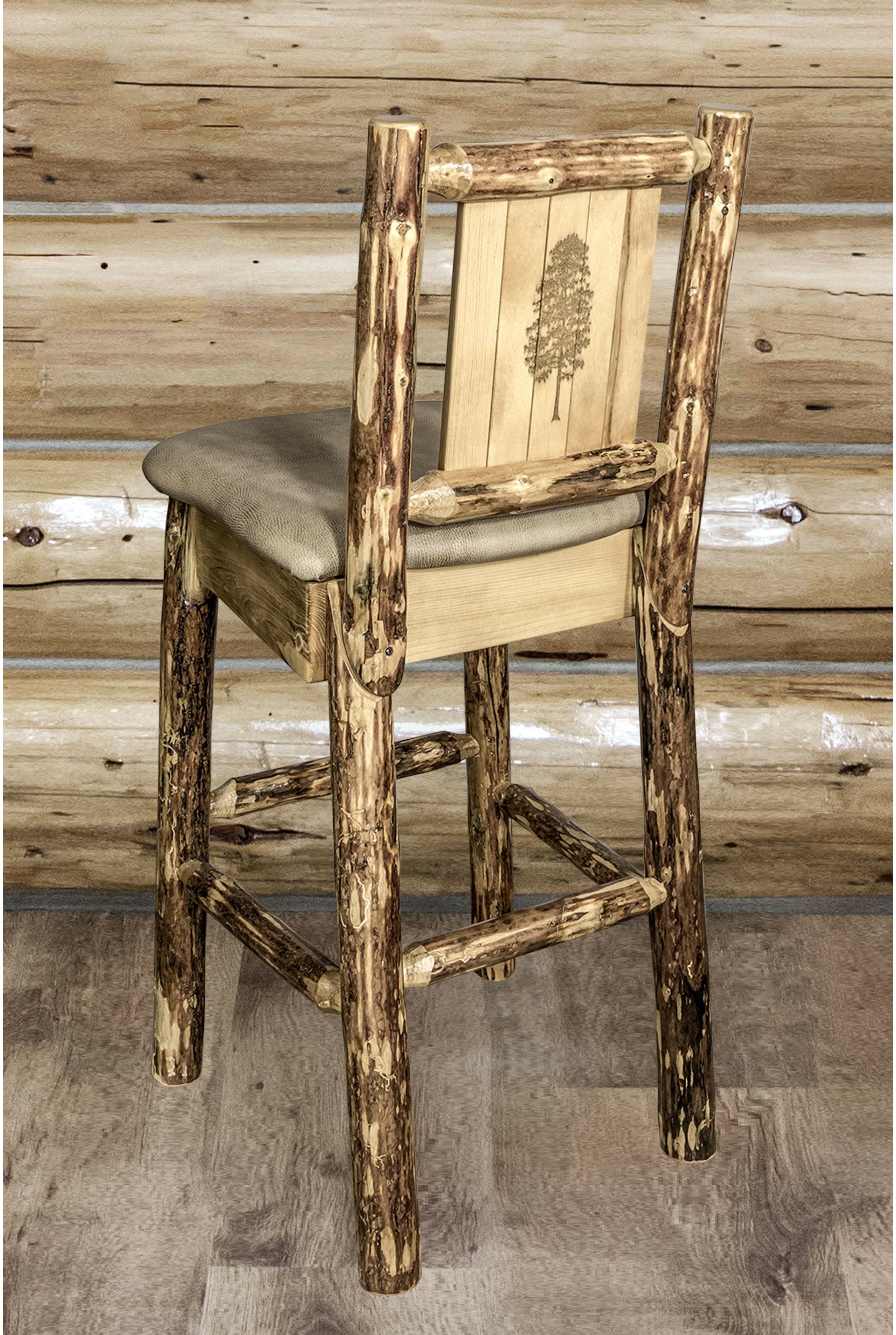 Montana Woodworks Glacier Country Collection Back Supported Barstool with Laser Engraved Design - Buckskin Upholstery-Rustic Furniture Marketplace