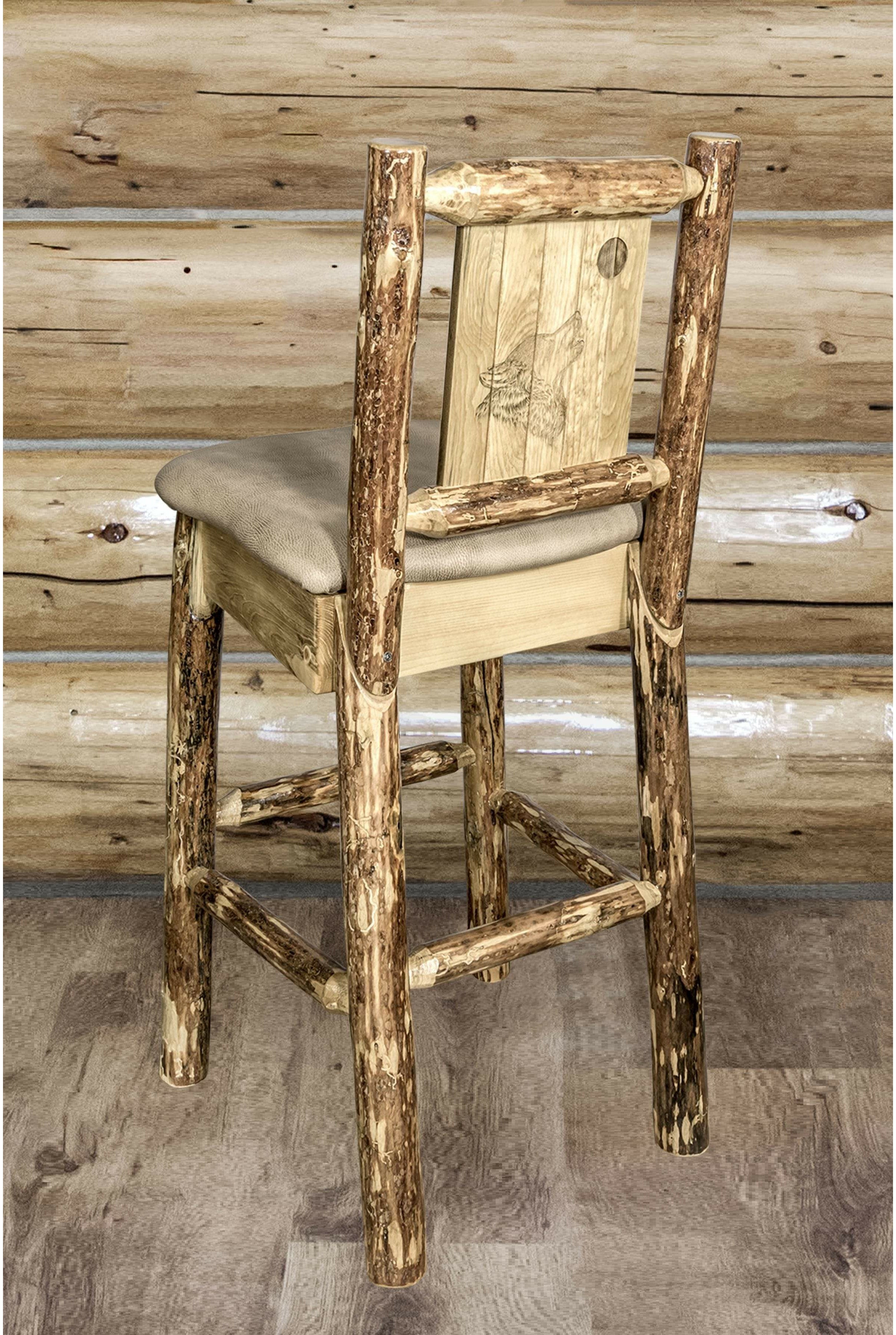 Montana Woodworks Glacier Country Collection Back Supported Barstool with Laser Engraved Design - Buckskin Upholstery-Rustic Furniture Marketplace