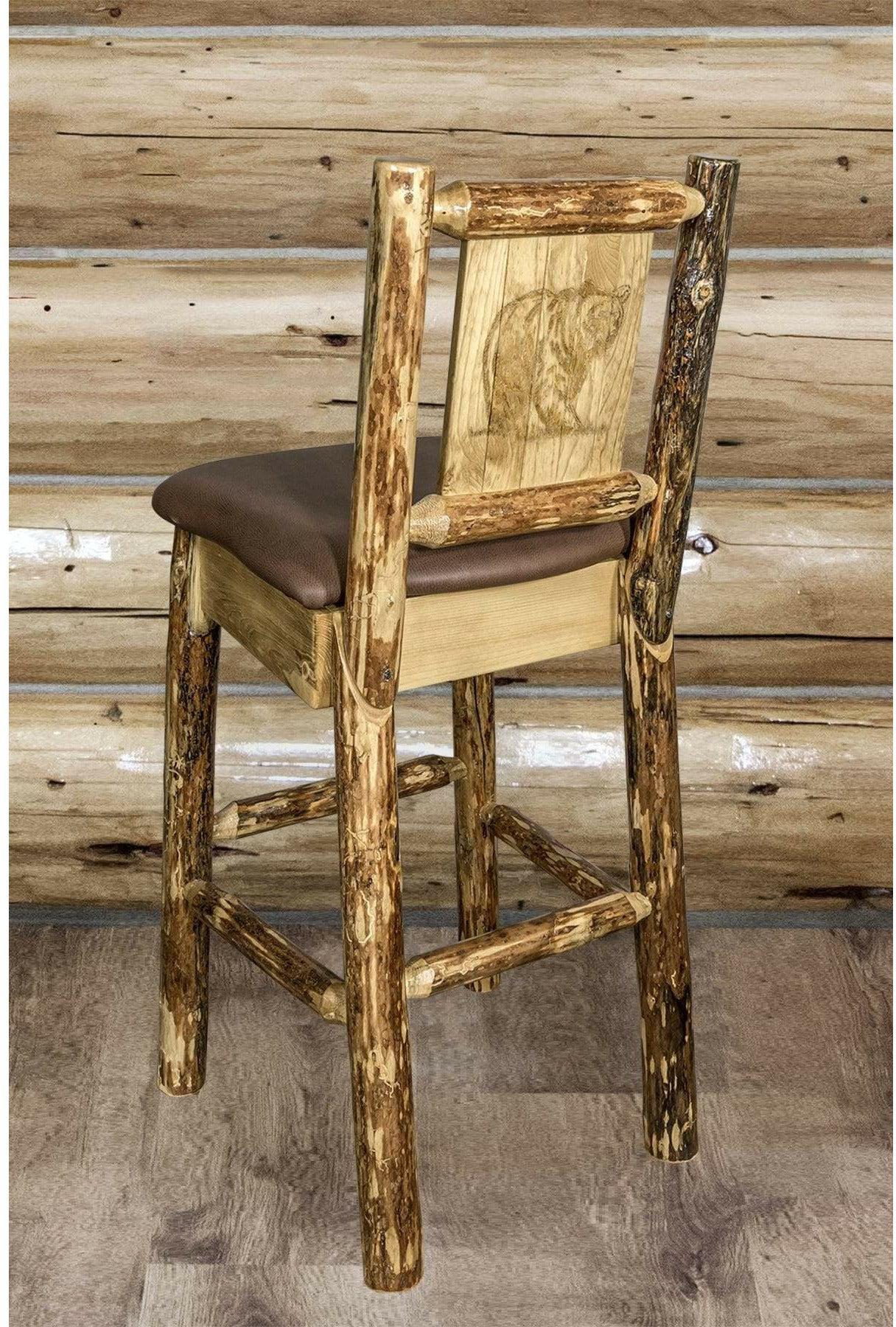 Montana Woodworks Glacier Country Collection Back Supported Barstool with Laser Engraved Design - Saddle Upholstery-Rustic Furniture Marketplace