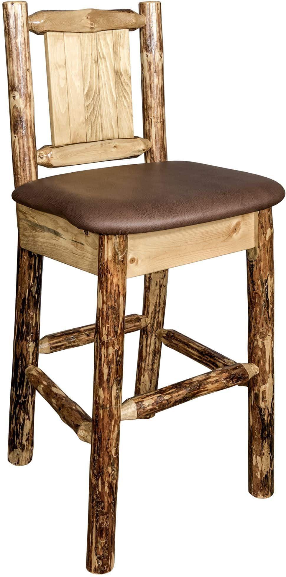 Montana Woodworks Glacier Country Collection Back Supported Barstool with Laser Engraved Design - Saddle Upholstery-Rustic Furniture Marketplace