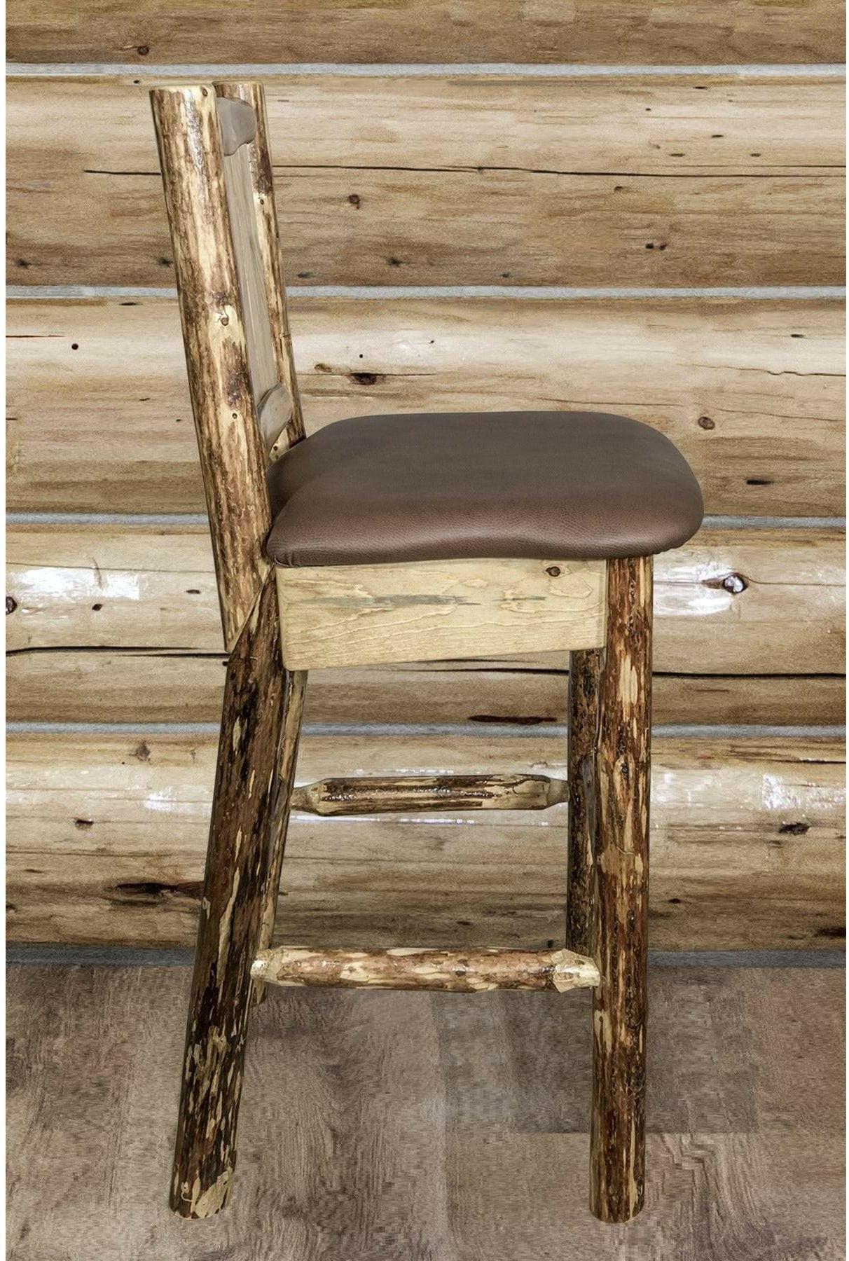 Montana Woodworks Glacier Country Collection Back Supported Barstool with Laser Engraved Design - Saddle Upholstery-Rustic Furniture Marketplace