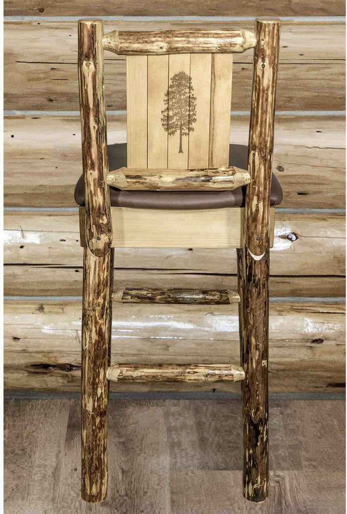 Montana Woodworks Glacier Country Collection Back Supported Barstool with Laser Engraved Design - Saddle Upholstery-Rustic Furniture Marketplace