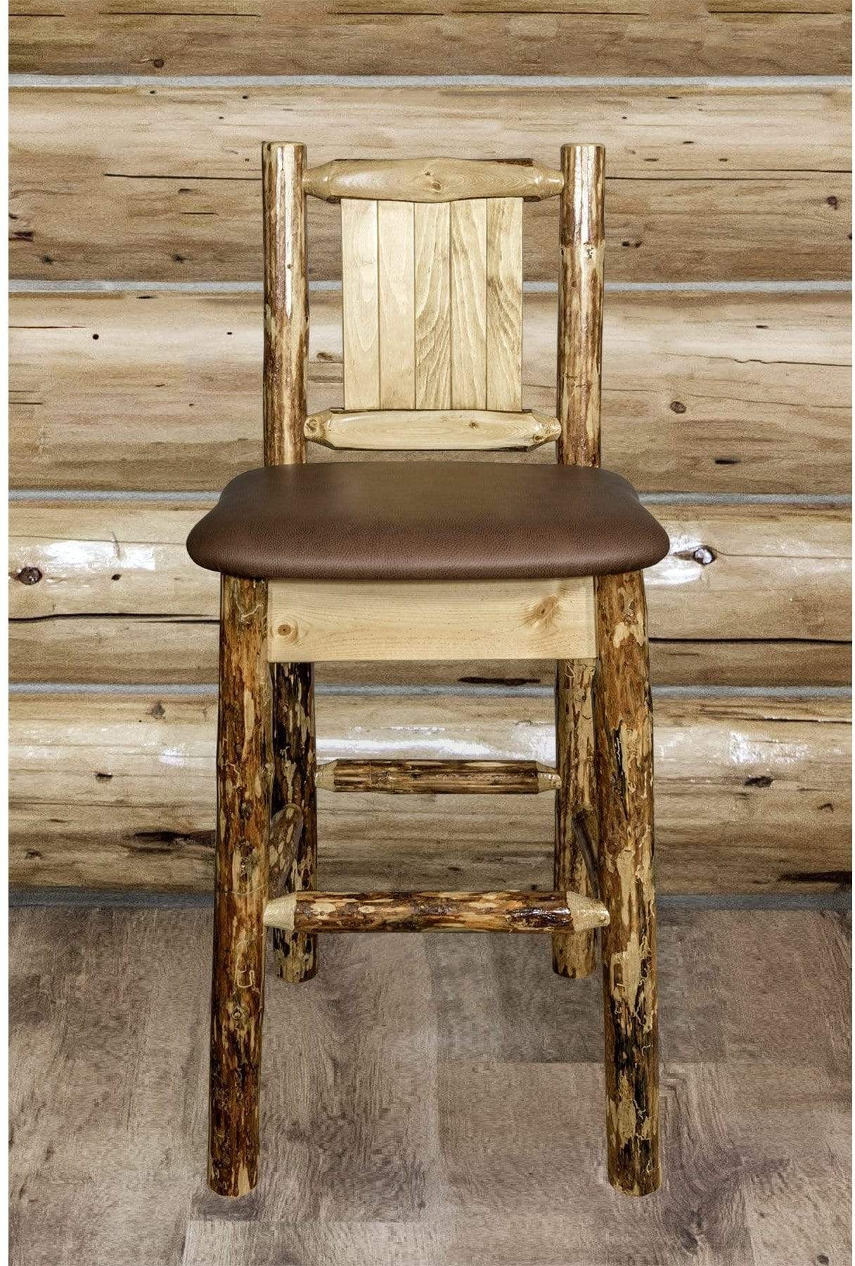 Montana Woodworks Glacier Country Collection Back Supported Barstool with Laser Engraved Design - Saddle Upholstery-Rustic Furniture Marketplace