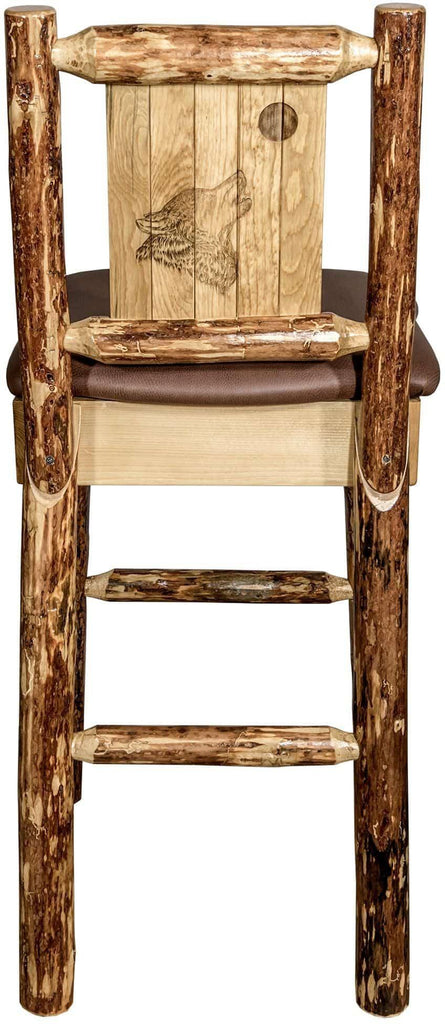 Montana Woodworks Glacier Country Collection Back Supported Barstool with Laser Engraved Design - Saddle Upholstery-Rustic Furniture Marketplace