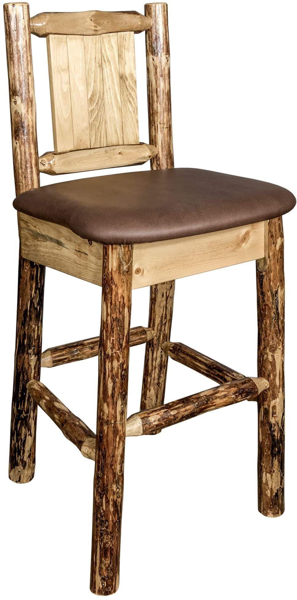 Montana Woodworks Glacier Country Collection Back Supported Barstool with Laser Engraved Design - Saddle Upholstery-Rustic Furniture Marketplace