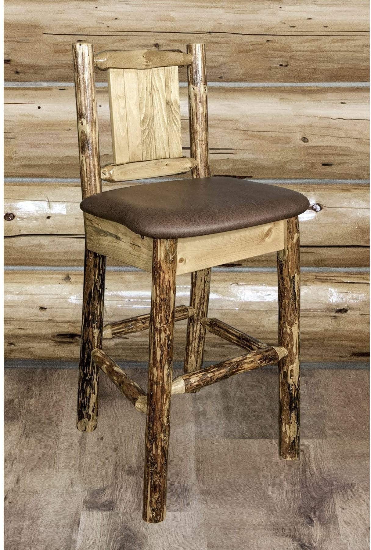 Montana Woodworks Glacier Country Collection Back Supported Barstool with Laser Engraved Design - Saddle Upholstery-Rustic Furniture Marketplace