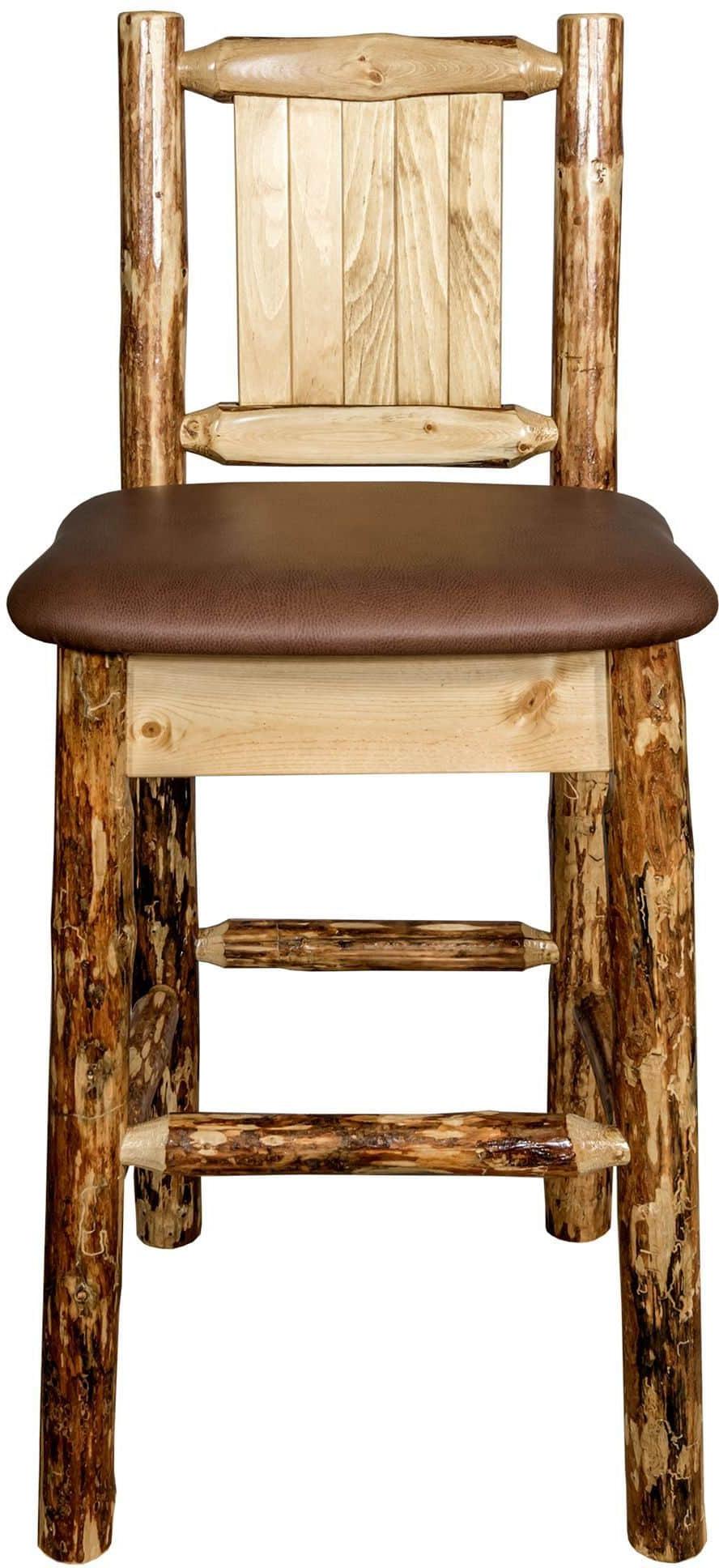 Montana Woodworks Glacier Country Collection Back Supported Barstool with Laser Engraved Design - Saddle Upholstery-Rustic Furniture Marketplace