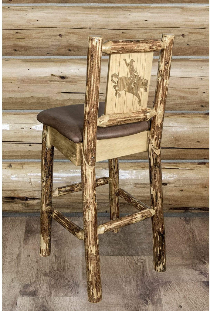 Montana Woodworks Glacier Country Collection Back Supported Barstool with Laser Engraved Design - Saddle Upholstery-Rustic Furniture Marketplace