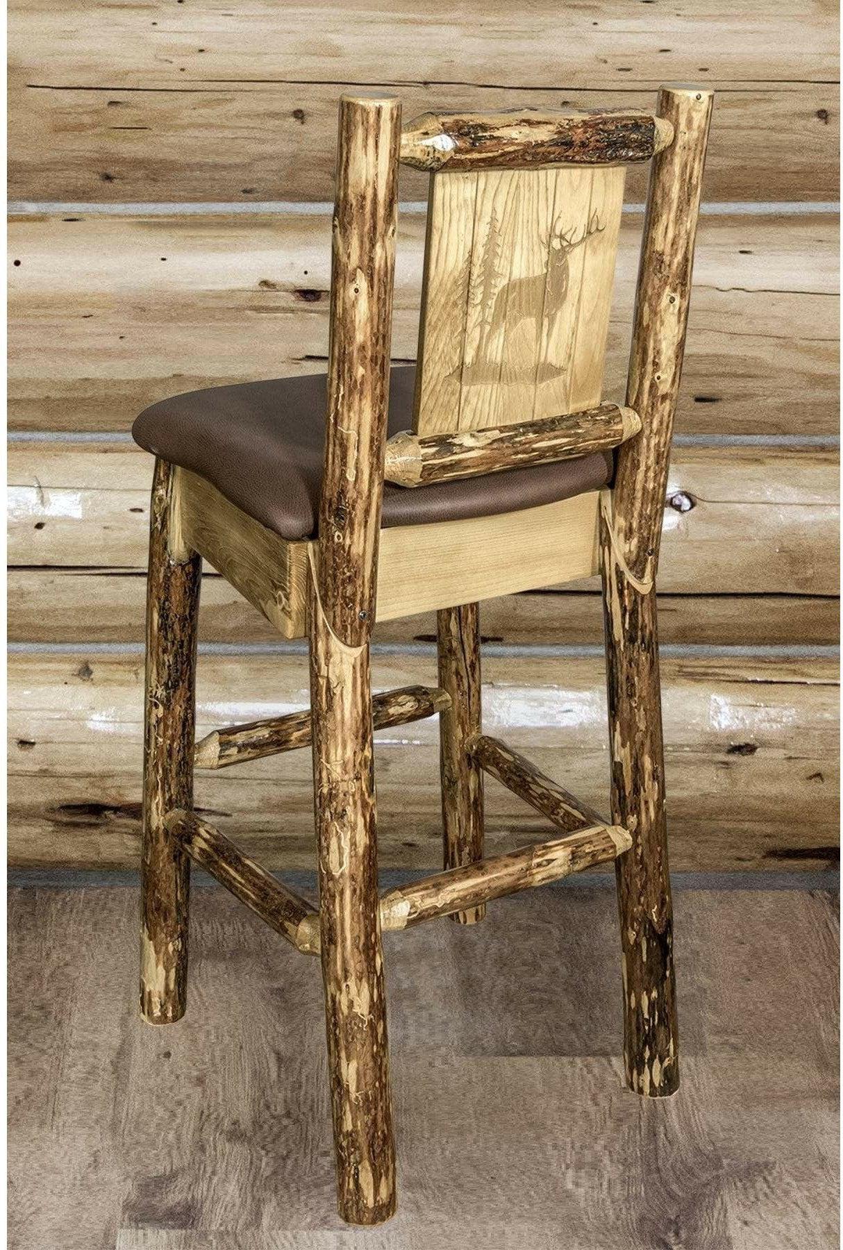 Montana Woodworks Glacier Country Collection Back Supported Barstool with Laser Engraved Design - Saddle Upholstery-Rustic Furniture Marketplace