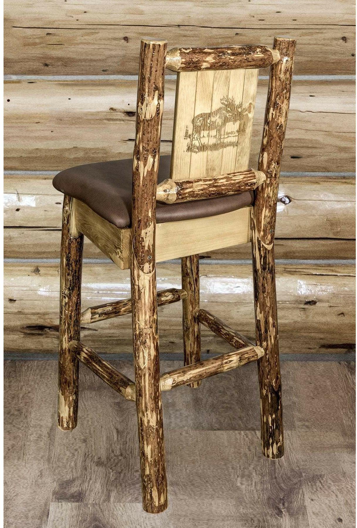 Montana Woodworks Glacier Country Collection Back Supported Barstool with Laser Engraved Design - Saddle Upholstery-Rustic Furniture Marketplace