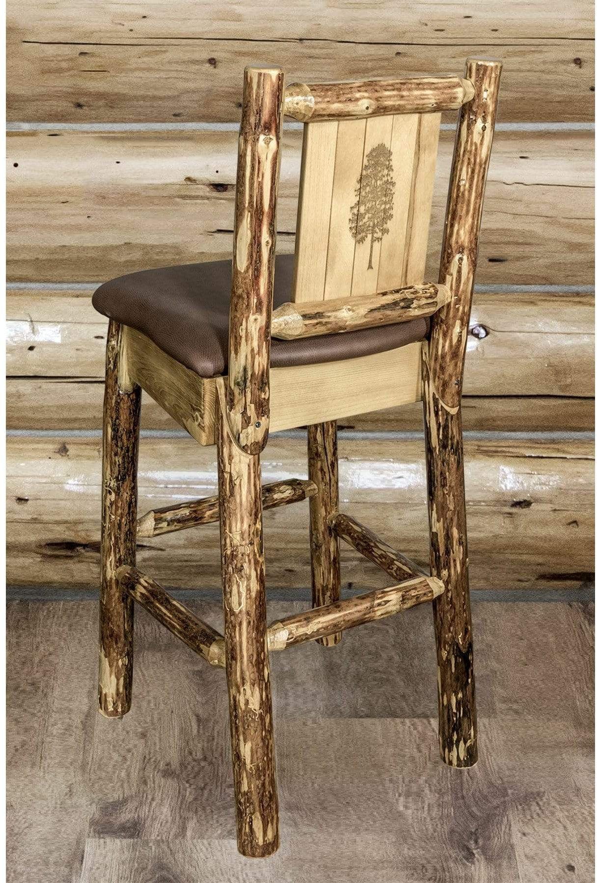 Montana Woodworks Glacier Country Collection Back Supported Barstool with Laser Engraved Design - Saddle Upholstery-Rustic Furniture Marketplace