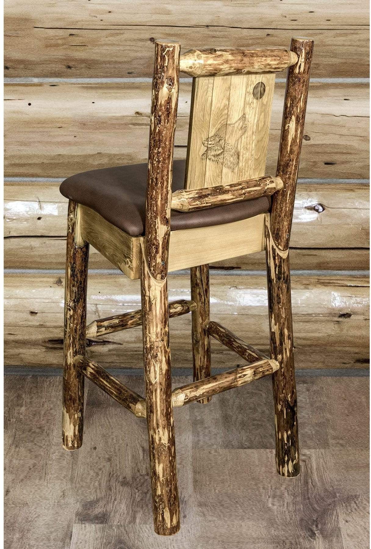 Montana Woodworks Glacier Country Collection Back Supported Barstool with Laser Engraved Design - Saddle Upholstery-Rustic Furniture Marketplace