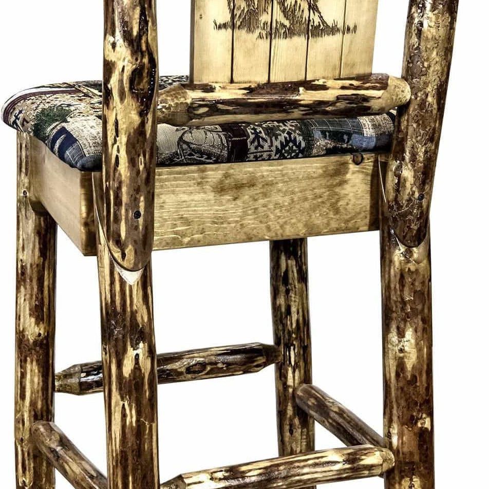 Montana Woodworks Glacier Country Collection Back Supported Barstool with Laser Engraved Design - Woodland Upholstery-Rustic Furniture Marketplace