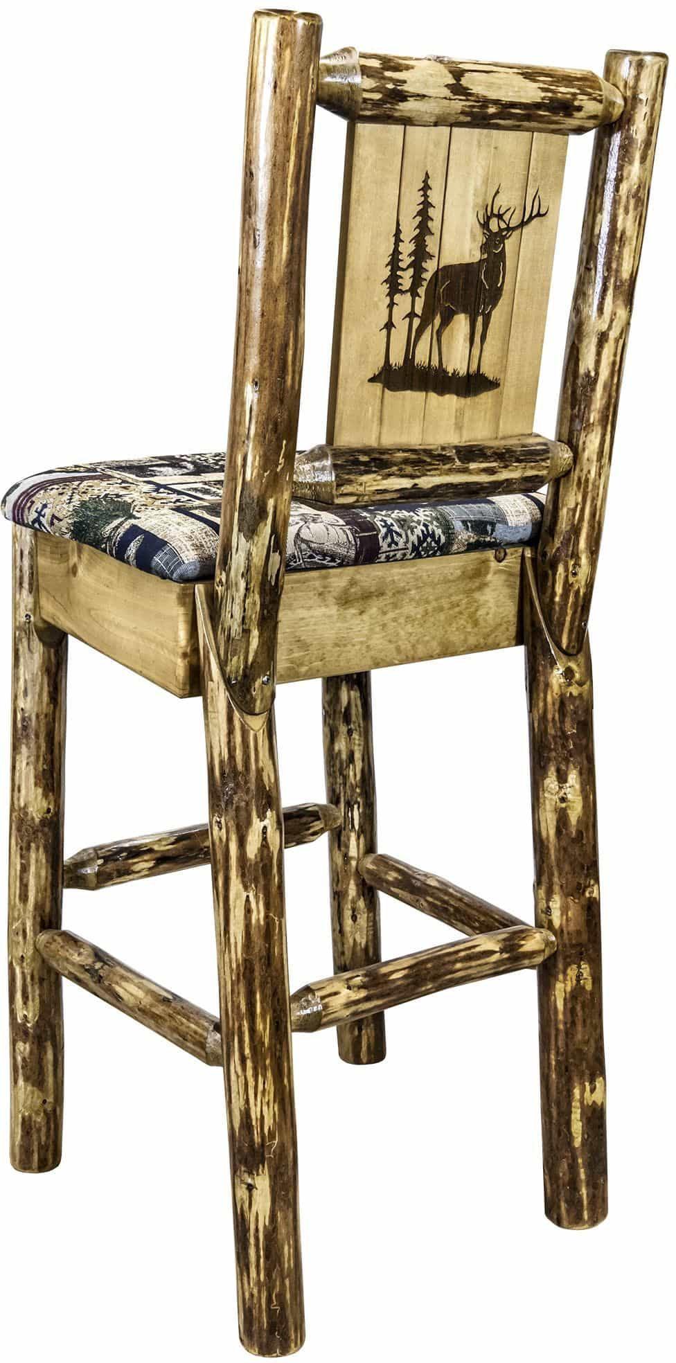 Montana Woodworks Glacier Country Collection Back Supported Barstool with Laser Engraved Design - Woodland Upholstery-Rustic Furniture Marketplace