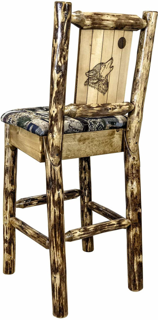 Montana Woodworks Glacier Country Collection Back Supported Barstool with Laser Engraved Design - Woodland Upholstery-Rustic Furniture Marketplace
