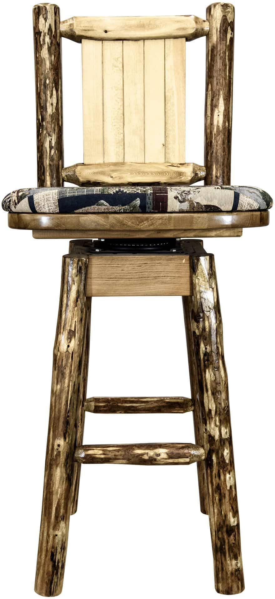 Montana Woodworks Glacier Country Collection Barstool with Back & Swivel - Woodland Pattern Upholstery-Rustic Furniture Marketplace